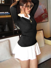 Fashion Knit Slim Mini Dress Women Ribbed Lapel 2 Piece-Set Decoration Patchwork Party Dress Knitwear Female Spring Dress