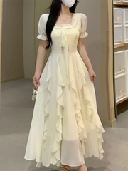 Voguable Women Fairycore Chiffon Maxi Dress Square Neck Puff Sleeve Ruffle Flowy Long Dress Summer A-Line Party Wedding Guest Vestidos voguable