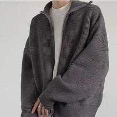 Solid Color High Collar Double Zipper Sweaters Cardigan Jacket Men and Women Autumn New Loose Couple Oversized Knitted Sweater voguable