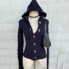 American Navy Blue Knitted Hooded Cardigan Y2K Fashion Slim Casual Buttons Sweater Jacket Female Long Sleeve All-Match Sweaters voguable