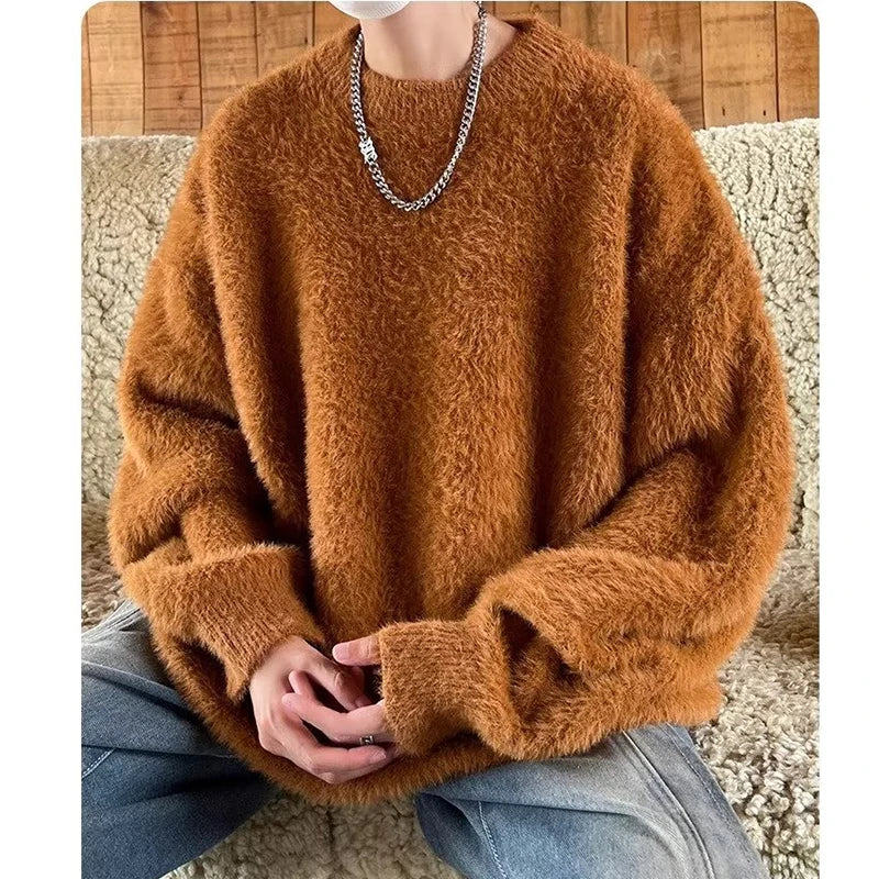 Voguable  Mohair Sweaters Men Korean Thicken Warm Knitting Autumn Winter Loose Casual Long Sleeve Pullovers Fleece Streetwear voguable