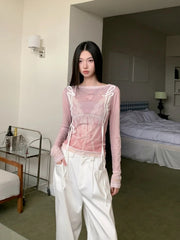 Designer Pink Long Sleeve T Shirt For Woman Fall 2025 Lace Print Funny Tees Cute Mesh Top Kawaii Clothes voguable