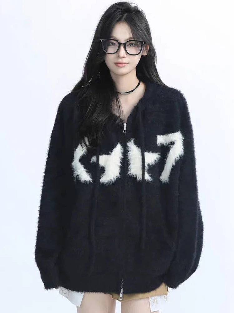 Faux Mink Cashmere Y2K Cardigan Sweater Women Streetwear American Vintage Knitted Hooded Jackets Hip Hop Star Letter Bf Tops New voguable