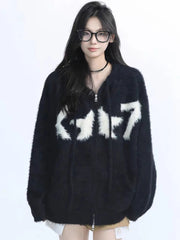 Faux Mink Cashmere Y2K Cardigan Sweater Women Streetwear American Vintage Knitted Hooded Jackets Hip Hop Star Letter Bf Tops New voguable
