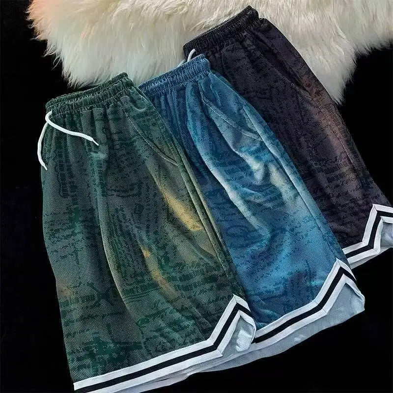 Men Sports Basketball Shorts Casual Loose Quick-Drying Five-Point Pants Mesh Breathable Color Spelling American Straight Shorts voguable