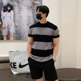 Men's Luxury Knitted Texture Striped T Shirt Casual Streetwear O Neck Button Short-Sleeved Tees Fashion Leisure Knitwear voguable