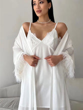 White Slip Dress +belted Cardigan Jacket Two Piece Set Sexy Feather Satin Pajamas Spring Summer Sleepwear Women Clothing 2025 voguable