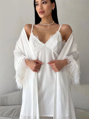 White Slip Dress +belted Cardigan Jacket Two Piece Set Sexy Feather Satin Pajamas Spring Summer Sleepwear Women Clothing 2025 voguable