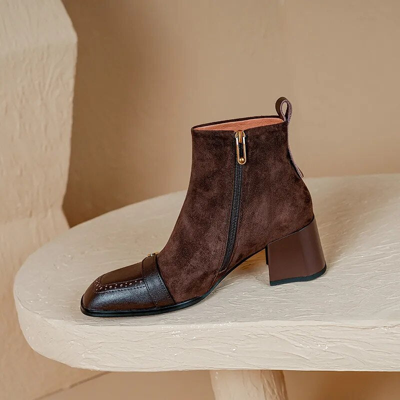 New Winter Women Boots Square Toe Chunky Heel Boots Genuine Leather Sheep Suede Leather Shoes for Women Retro Ankle Boots voguable