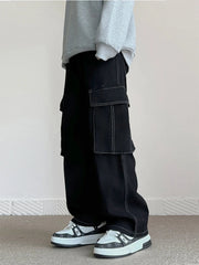 Men's Fashion Pocket Cargo Jeans Korean High Street Classic Black Denim Pants Personality Streetwear Male Trousers Trendy Brand voguable