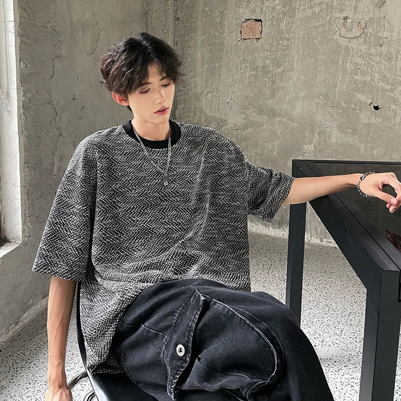 Men Oversized Round Neck Breathable Knit Tshirt Loose Fit Cotton Casual Summer Streetwear Comfort Tee Airy Fashion Basic Top voguable