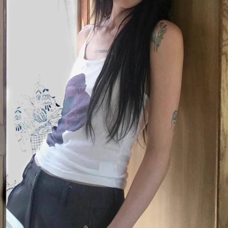 Voguable Vintage Flower Print Halter Top Women Y2K Aesthetic Sleeveless Tops Holiday Party Korean Style Coquette Sexy Camisole voguable