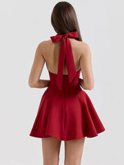 Halter Backless A-line Sexy Mini Dress For Women Robe Fashion Square Collar Sleeveless High Waist Pleated Dress Elegant voguable