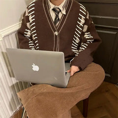 New Autumn Vintage V-neck Buttons Knitted Cardigans Coat for Men High-end Patchwork Loose Casual Sweater Jacket Cardigan Men voguable