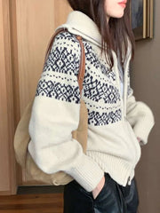 Print Retro Zipper Cardigan Women Loose Turtleneck Long Sleeve Korean Knitted Sweaters Vintage Female Casual Sweet Tops New voguable