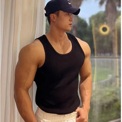 Men's Fitness Vest Cotton Breathable Vertical Striped Sleeveless Tops Solid Color Sports Casual Tank Gym Muscular Men Clothes voguable