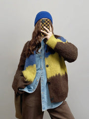 Voguable Harajuku Vintage Cardigan Women Patchwork Korean Knitted Sweater Tops Lazy Wind Loose Casual Long Sleeve Cardigan Coat New voguable