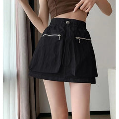 High Waist Drawstring Summer Women Short A Line Skirt Vintage Casual Cargo Big Zipper Pocket Skirt with Safety Shorts Hip Skirts voguable