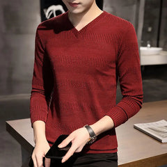 Autumn Winter New Fashion V-neck Long Sleeve Embossed Pattern Pullovers Men's Clothing Solid Knitting Casual All-match Chic Tops voguable