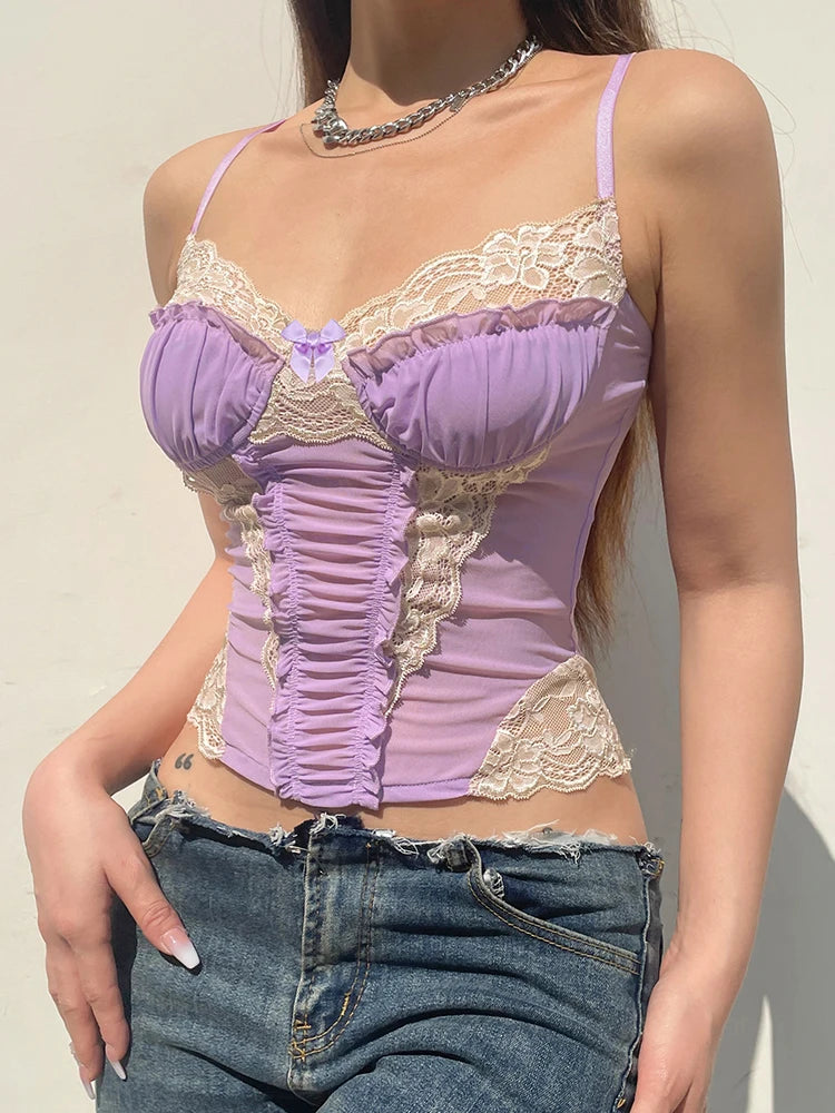 Voguable  y2k Lace Patchwork Purple Coquette Mesh Corset Women Sexy Backless Criss-cross Halter Camis Sweet Aesthetic Crop Top voguable