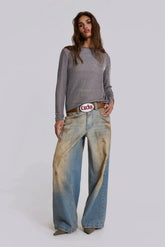 jaded london dirt-dyed blue jeans wide-leg straight-leg Dirtyfit faded old slacks Pbong