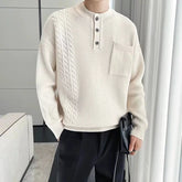Korean Popular Men's Henry Collar Sweater Light Luxury Knit Long Sleeve Button Pullover Trending Jacquarded Solid Color Knitwear voguable