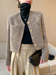 Voguable Jmprs Korean Tweed Jackets Women Elegant Simple Buttons Suit Coat Fashion Office Lady Long Sleeve Design Pockets O Neck Outwear voguable