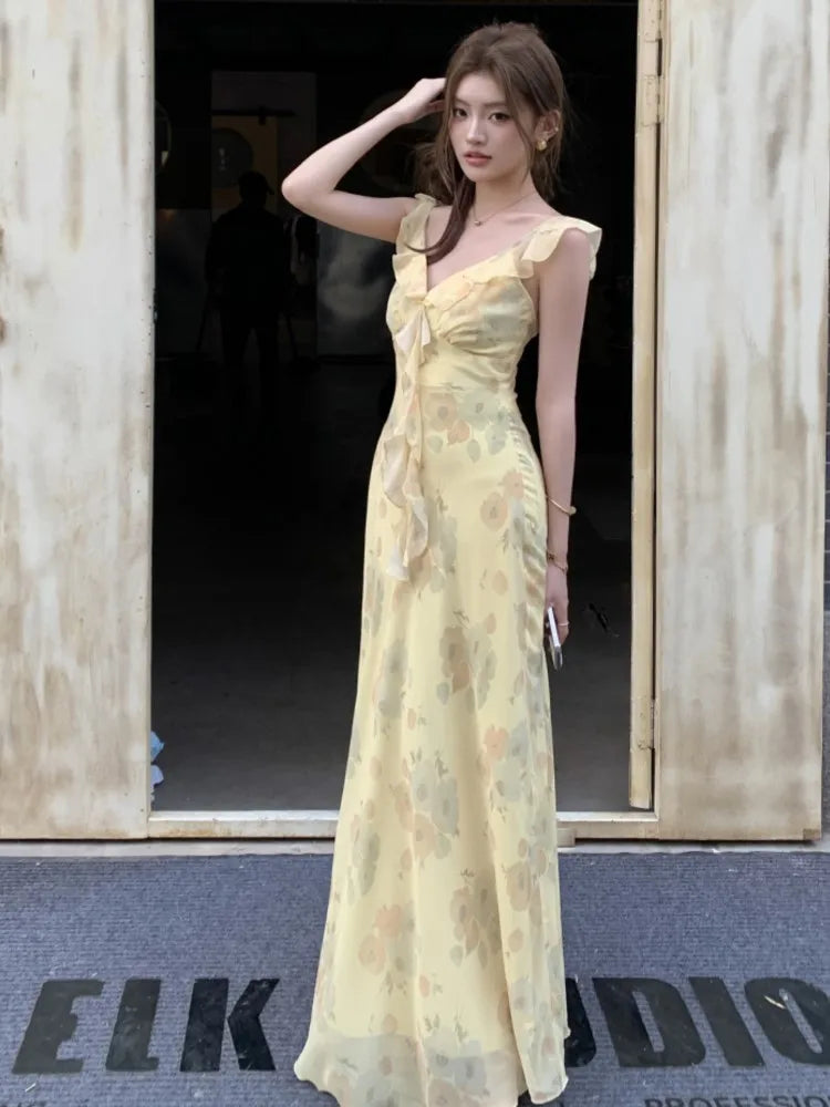 French Women's Elegant Floral Printed Dress V-Neck Slim Fit Flying Sleeve Long Dresses Vacation Holiday Sexy Travel New Vestidos voguable