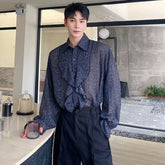 Voguable Stylish High Quality Organza Translucent Long Sleeve Shirts Men's 2024 New Fashion Solid Color Ruched Design Tops voguable