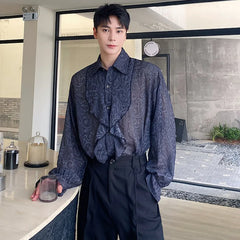 Voguable Stylish High Quality Organza Translucent Long Sleeve Shirts Men's 2024 New Fashion Solid Color Ruched Design Tops voguable