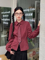 Slim Vintage Striped Tie Shirt Women Fall Long Sleeve American Preppy Style Blouse Casual Female Turn Town Collar Retro Tops New voguable
