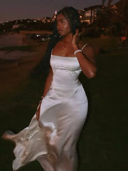 Strap Backless Lace Up Elegant Women's Long Dress Square Neck Sleeveless Solid Color Vestidos Lady Summer Solid Color Beach Robe