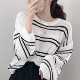Pullover Women Striped Knit Sweater Comfy Lightweight Long Sleeve Crew Neck Jumper Female Teen-girl Casual Daily Outfit voguable