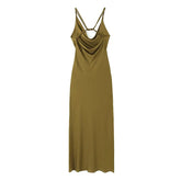 Voguable New Women Olive Green Satin Slip Dress Crossed Double Thin Strap Back Neckline Female Party Sexy Dresses voguable
