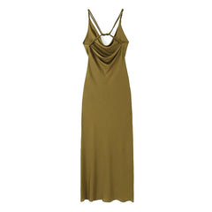 Voguable New Women Olive Green Satin Slip Dress Crossed Double Thin Strap Back Neckline Female Party Sexy Dresses voguable
