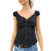 y2k Tank Top Women Summer Clothes Solid Color Cap Sleeve Button Down Slim Fit Frill T Shirt 2000s Vest Streetwear voguable
