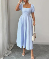 Voguable Spring/Summer New Women's Fashion Elegant Bubble Sleeve Blue and White Striped Dress Women's Wear voguable