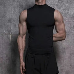 Voguable American Retro Half High Collar Vest Men Summer Thin Sleeveless T-Shirt Suit Bottom Pure Color Sport Sweatshirt voguable