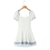 High Quality Women Vintage Drawstring Lace Trim Floral Print Mini Dress Puff Sleeve Ruffle Hem Summer Female Party Robe