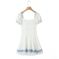 High Quality Women Vintage Drawstring Lace Trim Floral Print Mini Dress Puff Sleeve Ruffle Hem Summer Female Party Robe