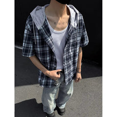 Summer Short Sleeved Shirt Men Fashion Retro Casual Hooded Shirt Men Streetwear Korean Loose Plaid Shirts Man Large Size 4XL voguable