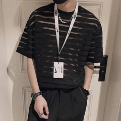 Voguable Korean New Men's Clothing Fashion Hollow Out Striped Tops Man Comfortable Breathable Lace Thin Style T-shirt voguable