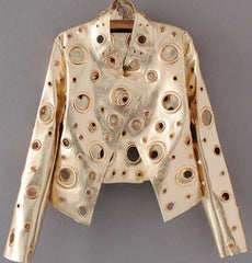 Runway Cut Out Short Faux Leather Jacket Golden Rivet Cool Stylish Designer Clothes Women European American Fashion voguable