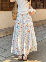 Voguable Sweet Floral A-line Long Skirt for Woman Summer Elegant High Waisted Ruffle Hem Skirts Women All Match Spliceing Midi Cake Skirt voguable