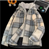 Fake Two-piece Hooded Plaid Jackets for Men and Women Winter Jacket Men 2024 New Loose Casual Zipper American Couple Coats voguable