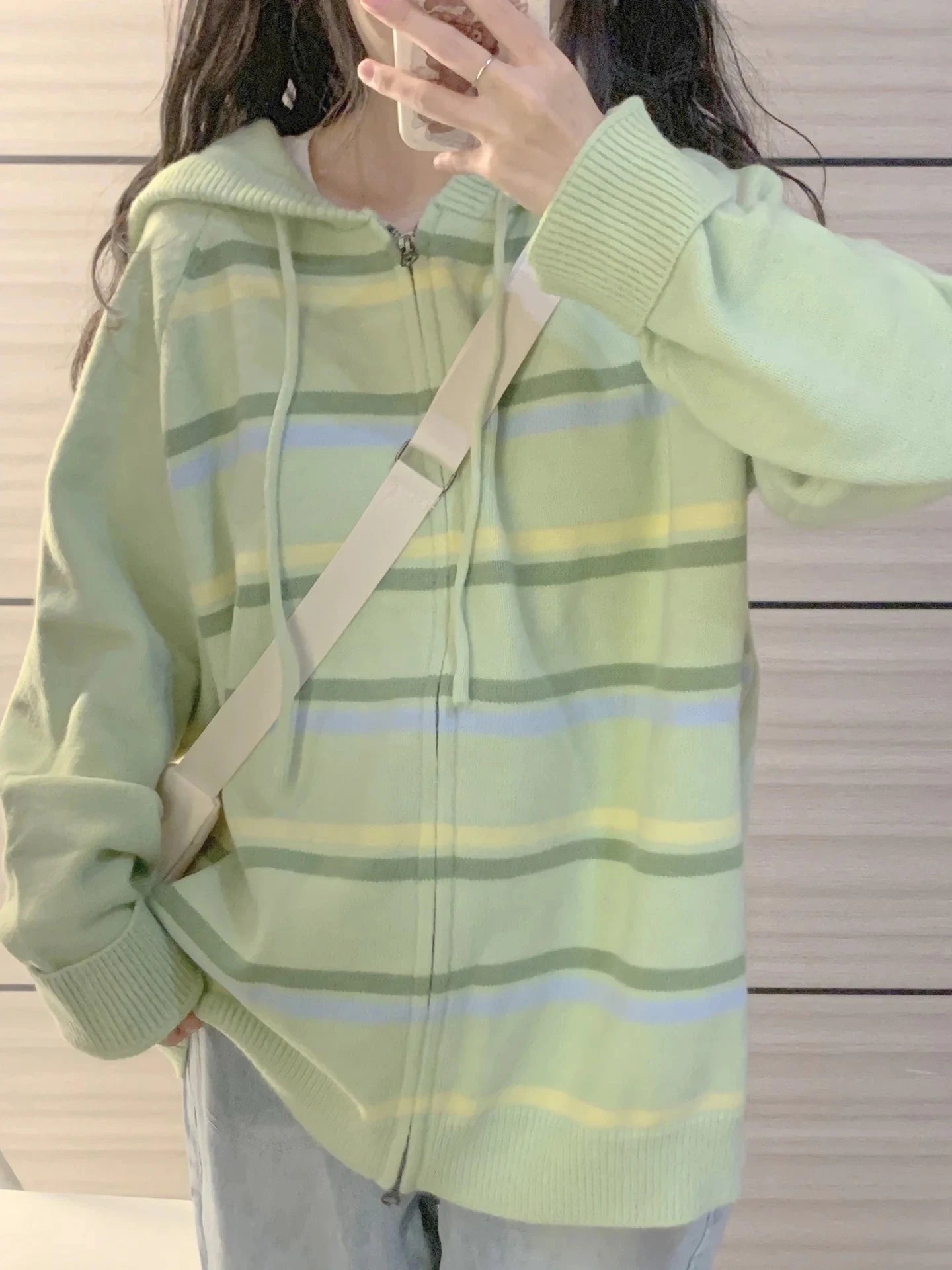 Y2k Aesthetic Stripe Hoodes Cardigans Double Zipper Women Casual Knitwear Harajuku Ladies Jacket Vintage Loose Grunge Sweater voguable