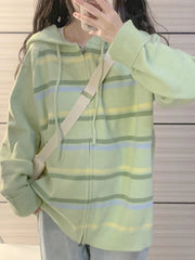 Y2k Aesthetic Stripe Hoodes Cardigans Double Zipper Women Casual Knitwear Harajuku Ladies Jacket Vintage Loose Grunge Sweater voguable