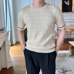 Summer Men's Clothing Luxury Knit O Neck Short-sleeved T Shirt Solid Color Leisure Korean Popular Streetwear Retro Knitwear voguable