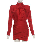 Voguable Retro Red Turtleneck Women Ruched Winter Dress Fashion Slim Long Sleeve Shoulder Padded Elegant Party Prom Office Vestidos voguable