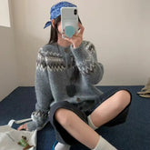 Fair Isle Sweater Cardigan Women Long Sleeve Button-Up Crewneck Knitted Jacket Cardi Female Knitwear Fall Winter Vintage Outfit voguable